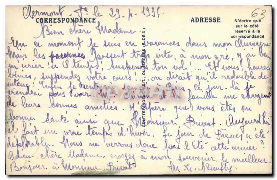 CPA L Auvergne Route Automobile du Puy de Dome au Col de Ceyssat — Verso