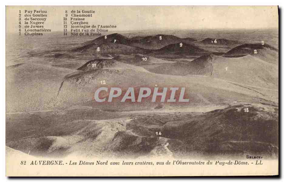 Les Dômes Nord avec leurs cratères, vus de l'Observatoire du Puy-de-Dôme — Select, LL