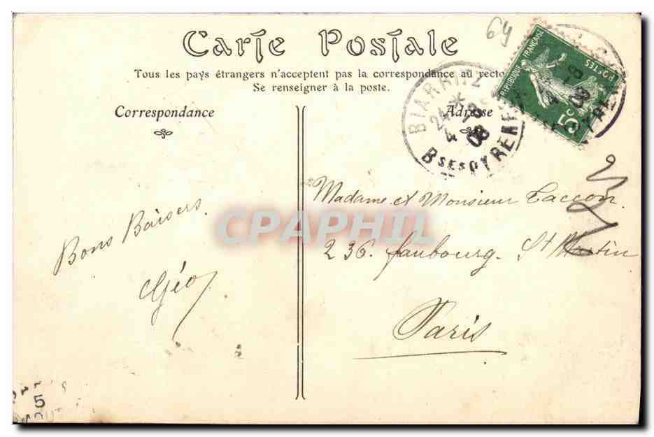 CPA Biarritz L Entree Du Chemin De La Cote Des Basques Et La Villa Belza — Verso