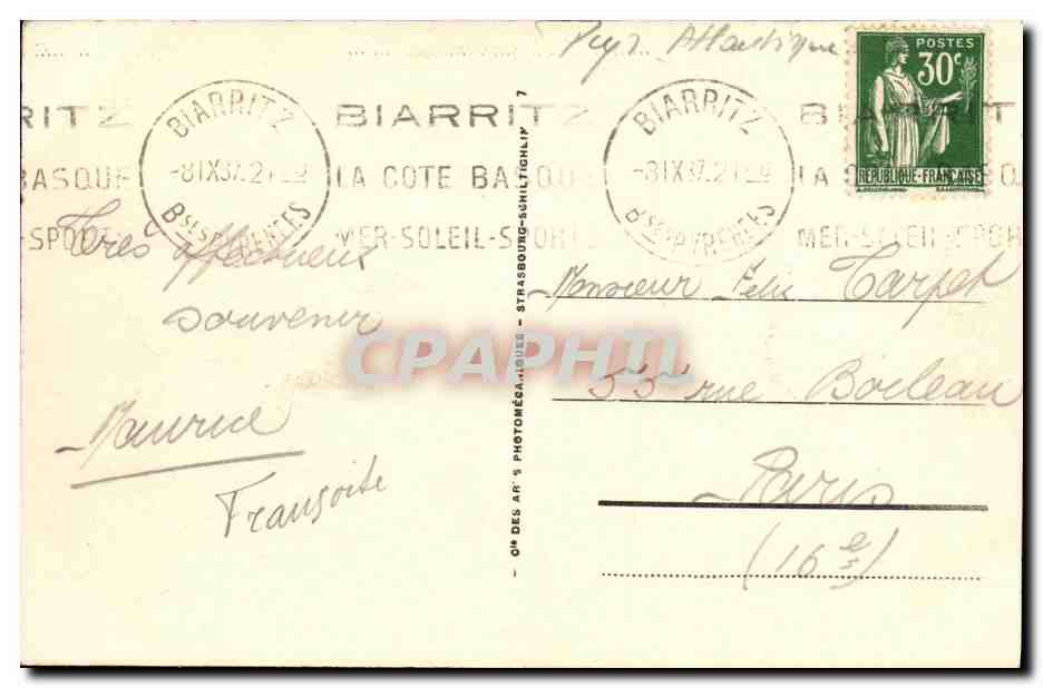 CPA Biarritz Grand Hotel Casino De Bellevue Un coin de la plage  — Verso