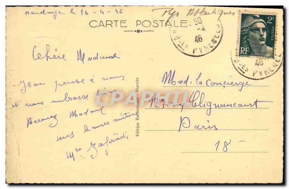 CPA Biarritz La Cote Des Basques — Verso
