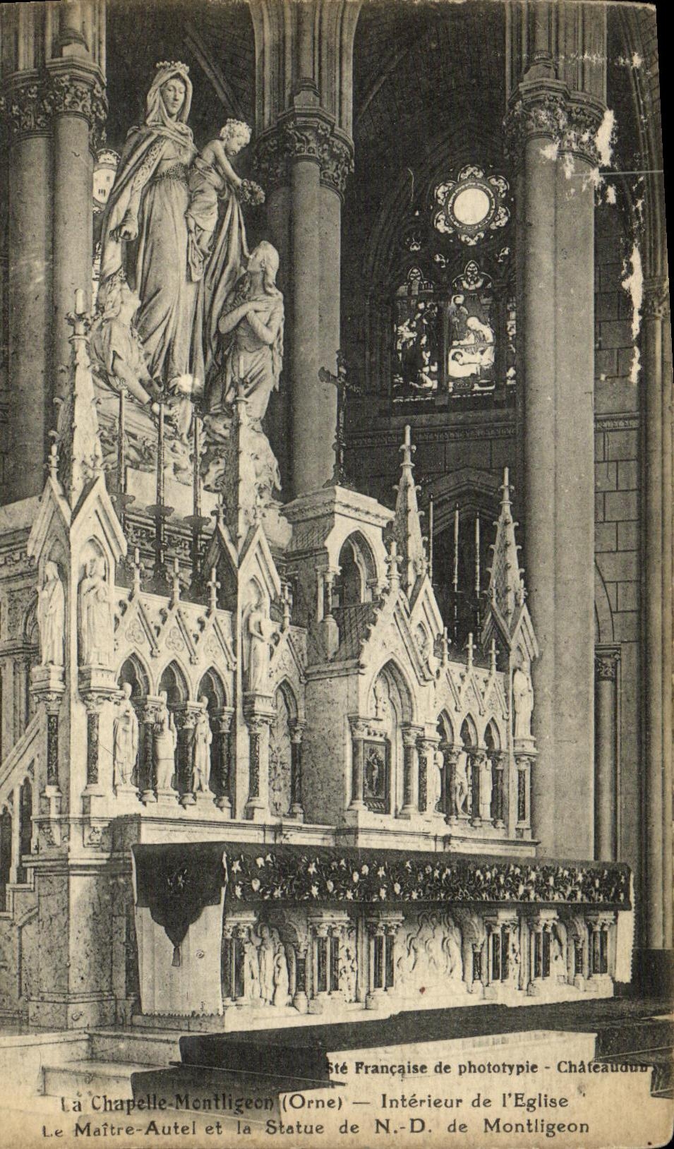 La Chapelle-Montligeon (Orne) — Intérieur de l'église — Statue de N.-D. de Montligeon — Éditeur : Châteaudub