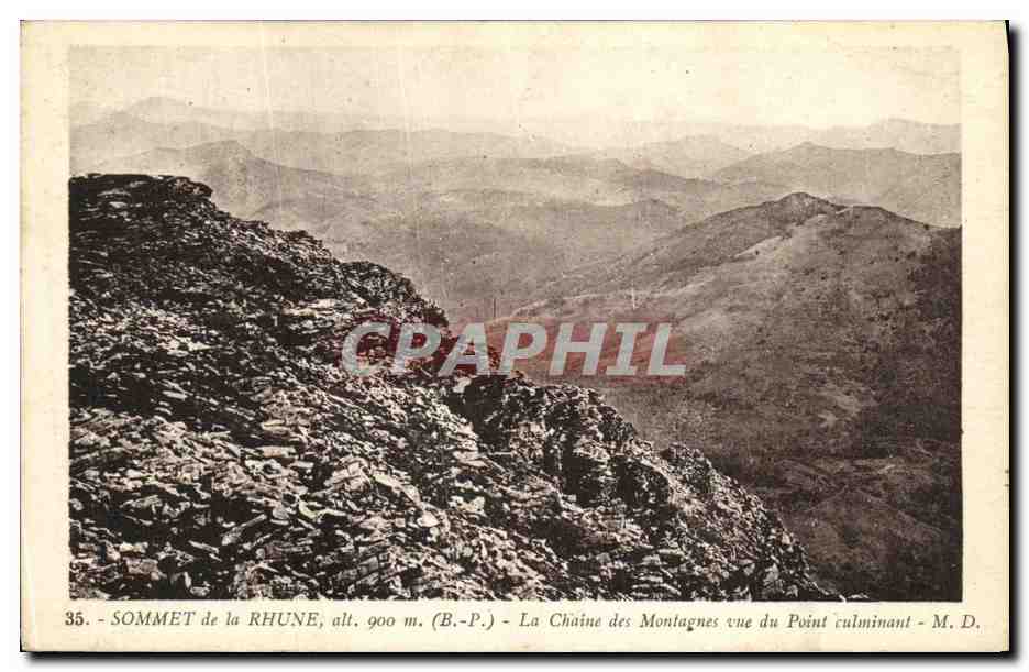 SOMMET de la RHUNE, alt. 900 m. — La Chaîne des Montagnes vue du Point culminant — B.P. et M.D.