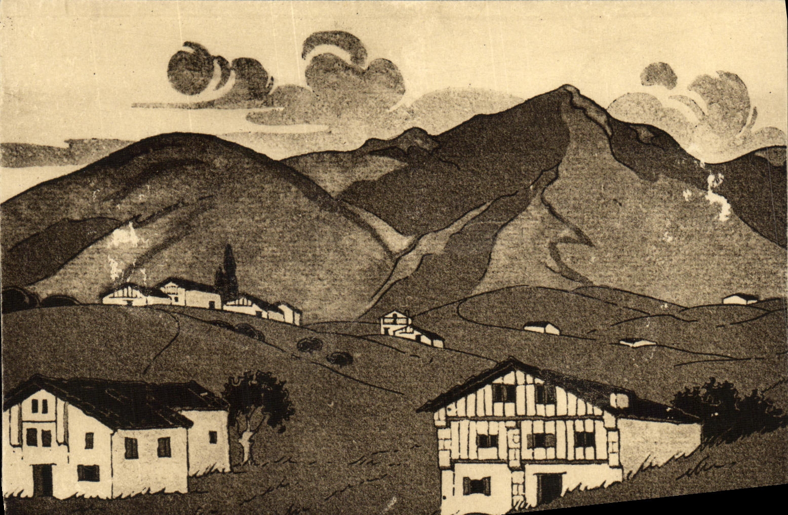Pays Basque — Fermes basques dans la montagne à Sare — Héliogravure Marcel Delboy, 35e série de la Rousselle, Bordeaux