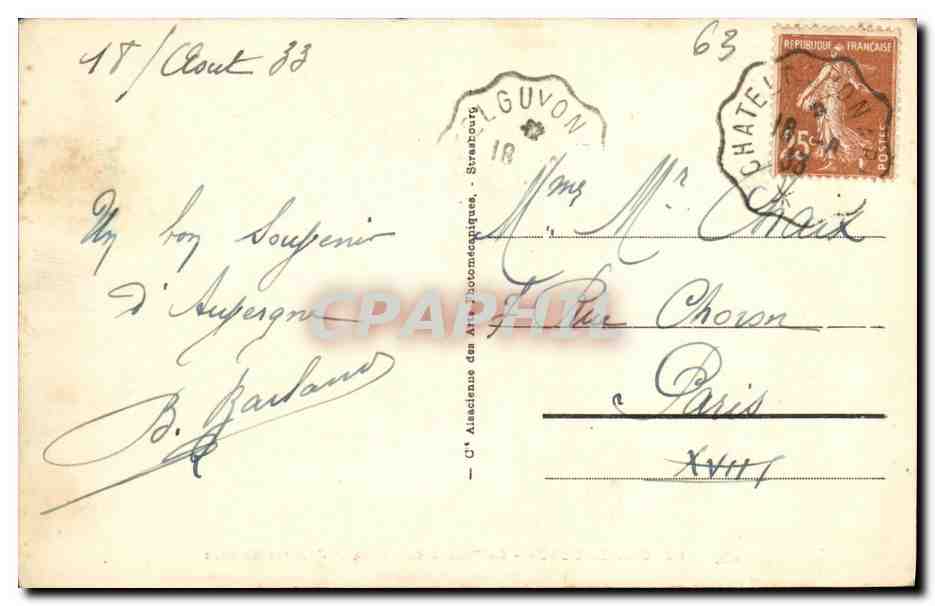 CPA Chatel Guyon Le Theatre du Casino et L Avenue Baraduc Automobiles — Rückseite