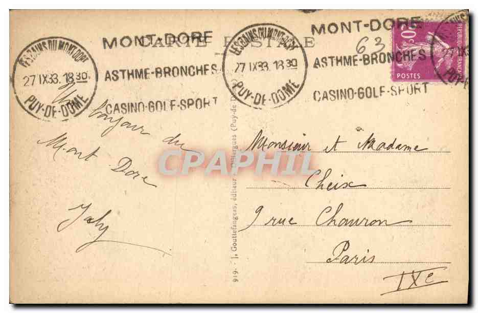 CPA Le Mont Dore Pic du Capucin  — Verso