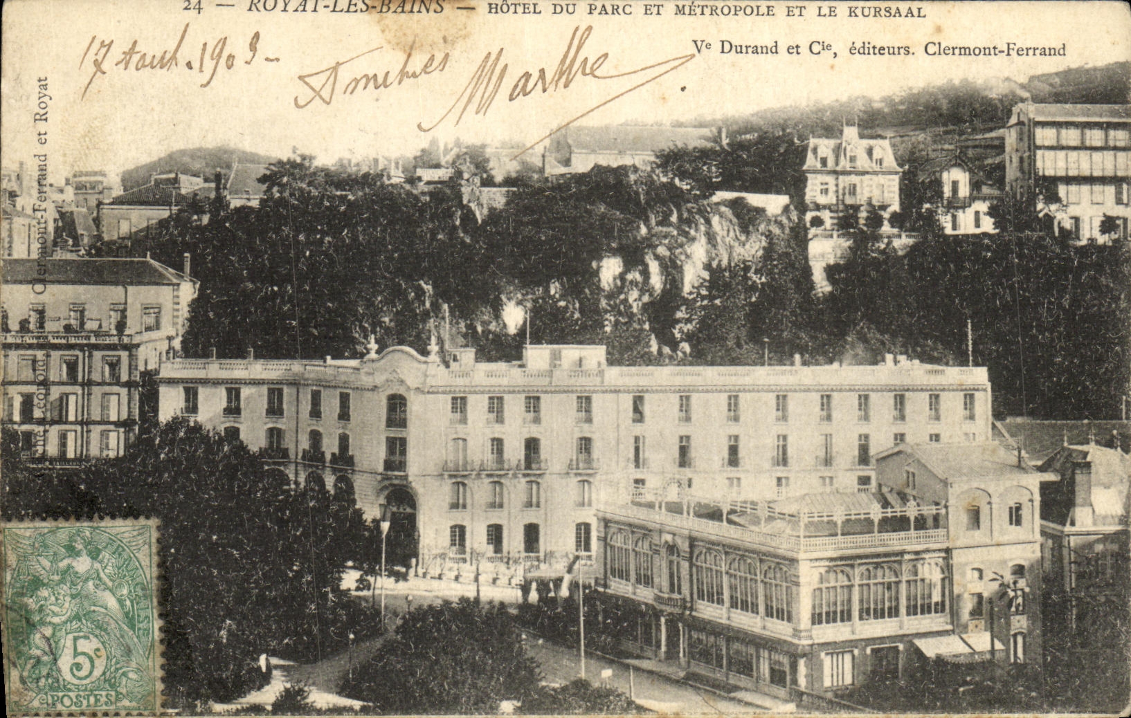 Royat-les-Bains — Hotel du Parc und Métropole und der Kursaal — Ve Durand et Cie, Verleger Clermont-Ferrand