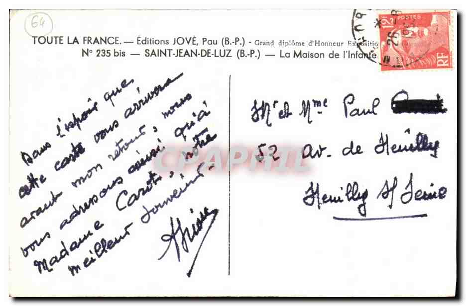 Port de Saint-Jean-de-Luz — Éditeur JOVÉ — N° 235 bis — Verso