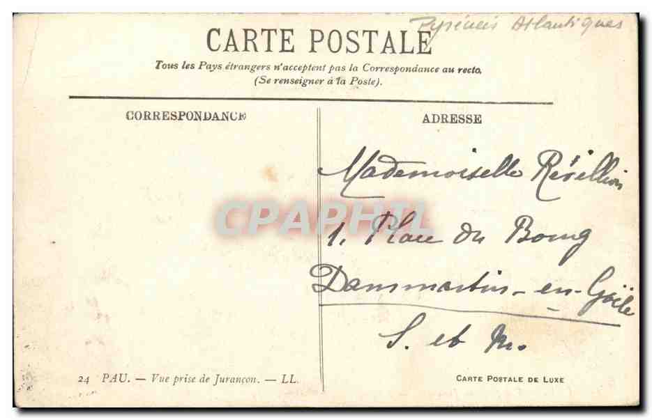 Pau — Vue prise de Jurançon — Carte Postale de Luxe — Verso