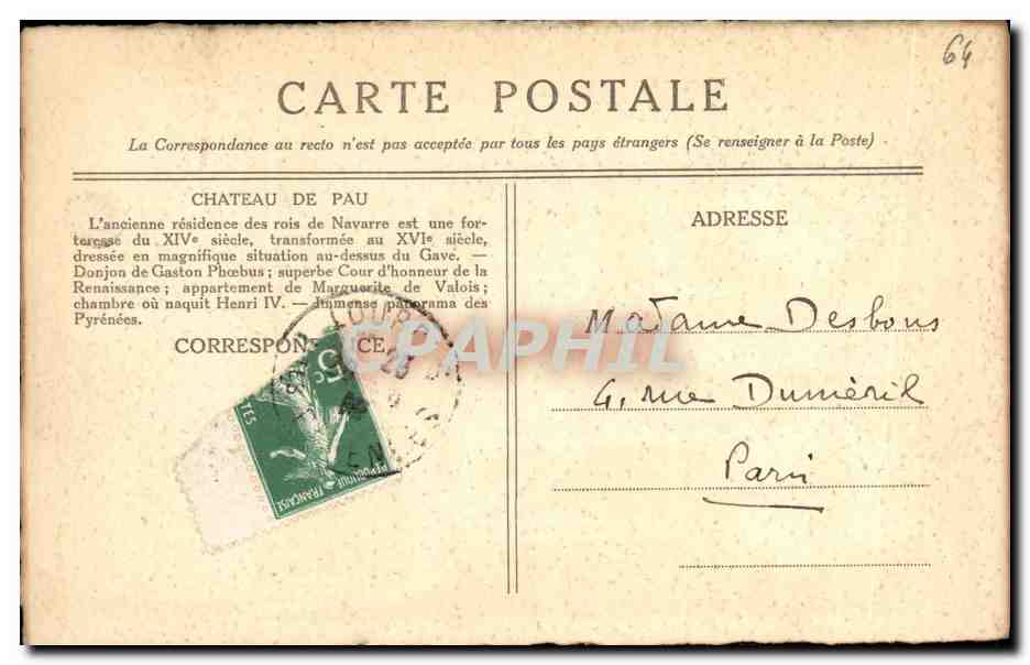 Château de Pau — ancienne résidence des rois de Navarre — éditeur ARTE — Verso