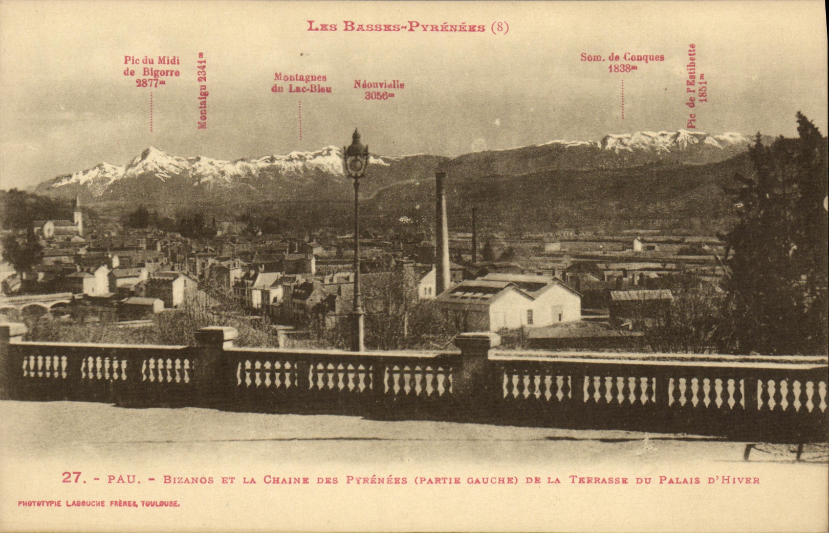 Pau - Bézanos et la chaîne des Pyrénées (partie gauche) de la terrasse du Palais d'Hiver — Phototypie Labruche Frères, Toulouse