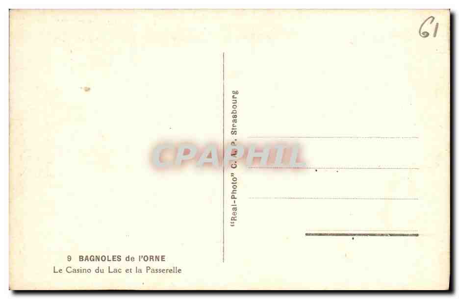 Bagnoles-de-l'Orne — El Casino del Lago y el Puente — editor C. P. Straabourg — Reverso