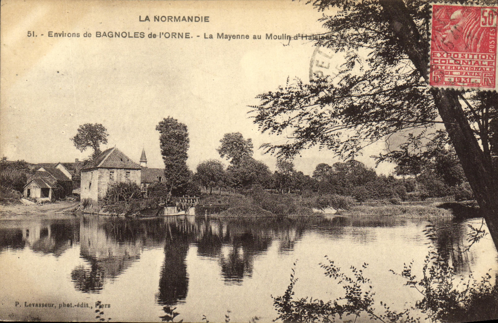 La Mayenne au Moulin d'Haleu — Environs de Bagnolles-de-l'Orne — P. Levasseur, phot.-édit., Piers