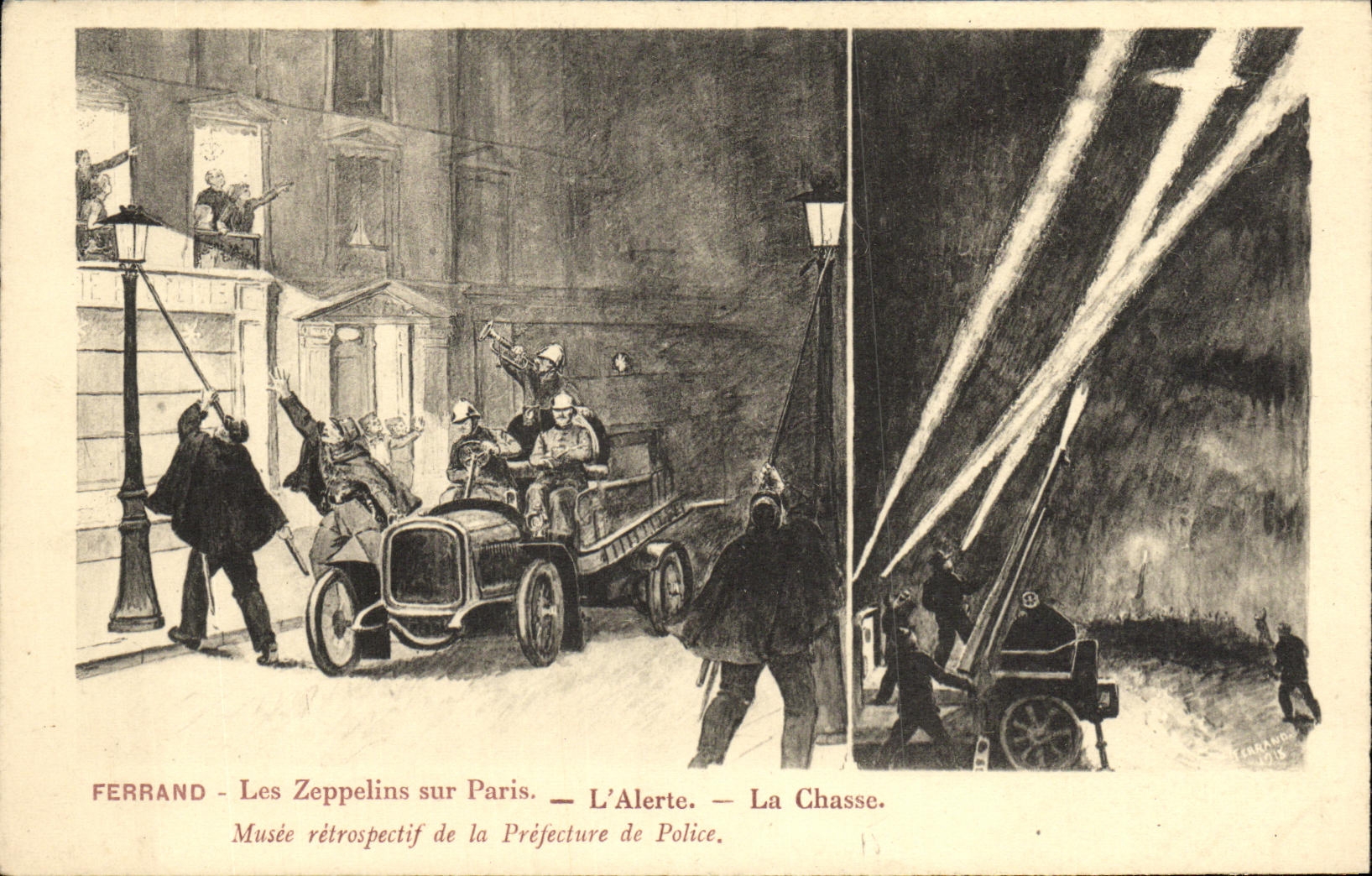 CPA Ferrand Les Zeppelins sur Paris L Alerte La Chasse Musee retrospectif de la prefecture de Paris Pompiers