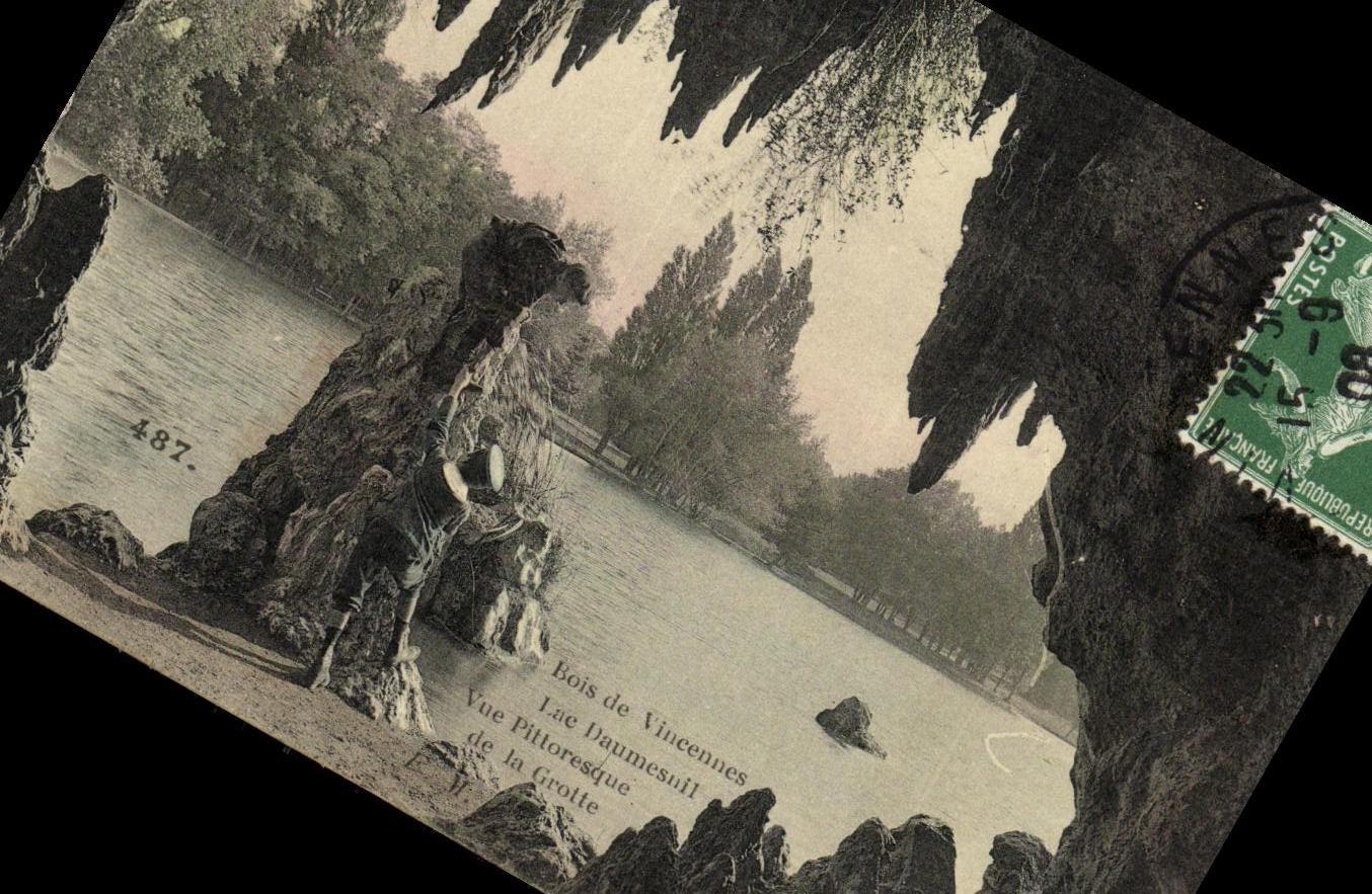 Bois de Vincennes — Pittoreske Ansicht des Grottensees — E. Malecuit, phot. Verlag, Paris, n° 487