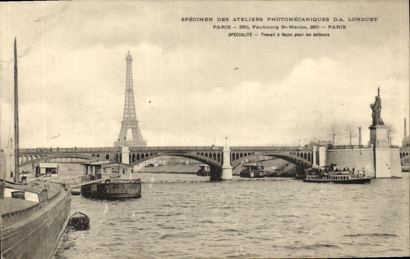 Paris — Ansicht der Seine mit der Eiffelturm und der Brücke — Ateliers photomécaniques D.A. Longuet, Faubourg St-Martin