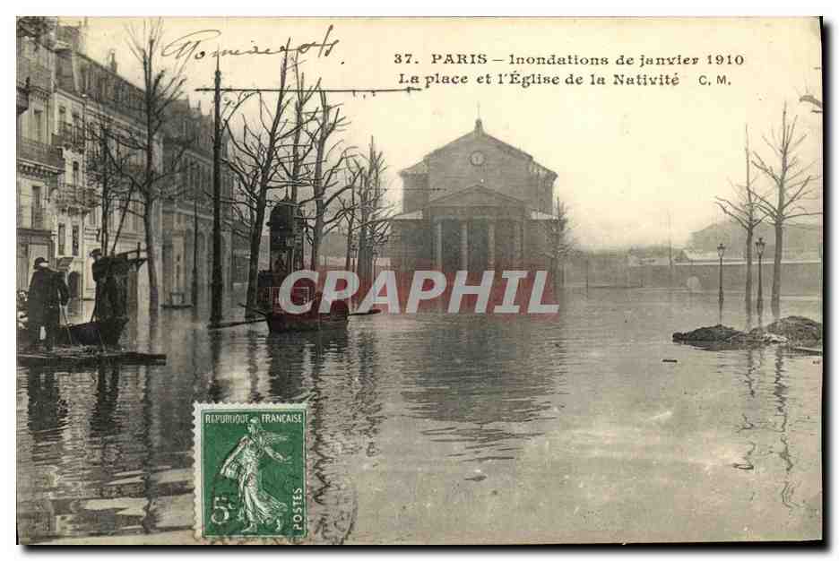 CPA Paris Inondations de Janvier 1910 La Place et L Eglise de la Nativite