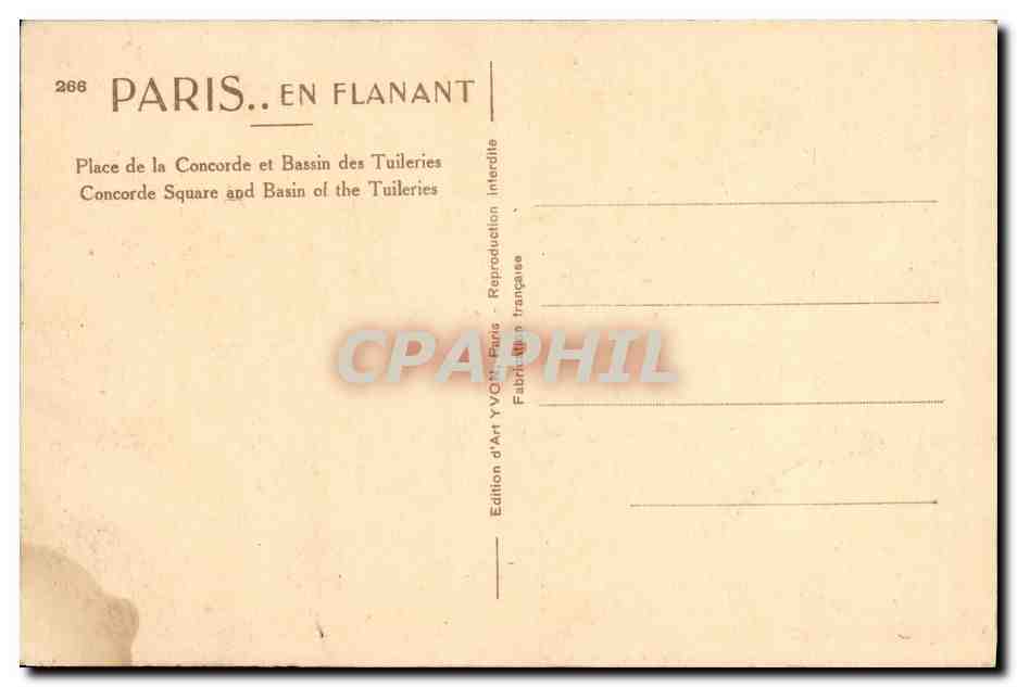 CPA Paris Place de la Concourde et Bassin des Tuileries — Verso