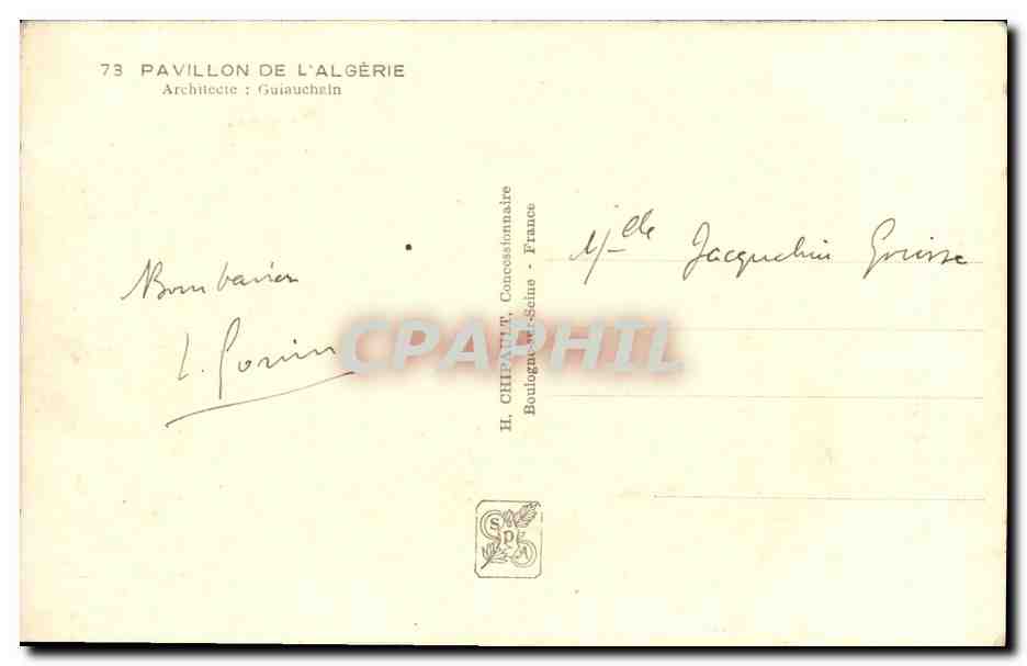 Pavillon de l'Algérie — Exposition Internationale Paris 1937 — H. Chipault, Concessionnaire — Rückseite