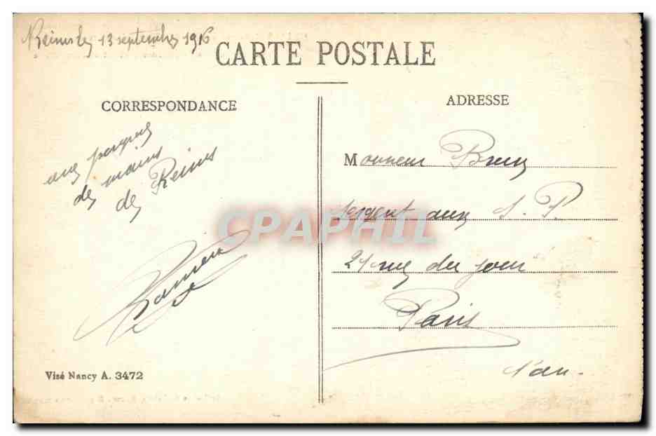 CPA Reims Dans Ses Annees De Bombardement Militaria Place Royale Angle des Rues Ceres et de l universite Militaria  — Rückseite