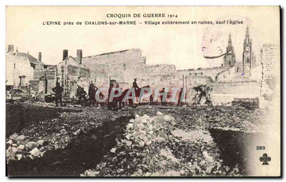 L'Epine près de Chalons-sur-Marne — Village entièrement en ruines, sauf l'église — Croquis de Guerre 1914, n°283