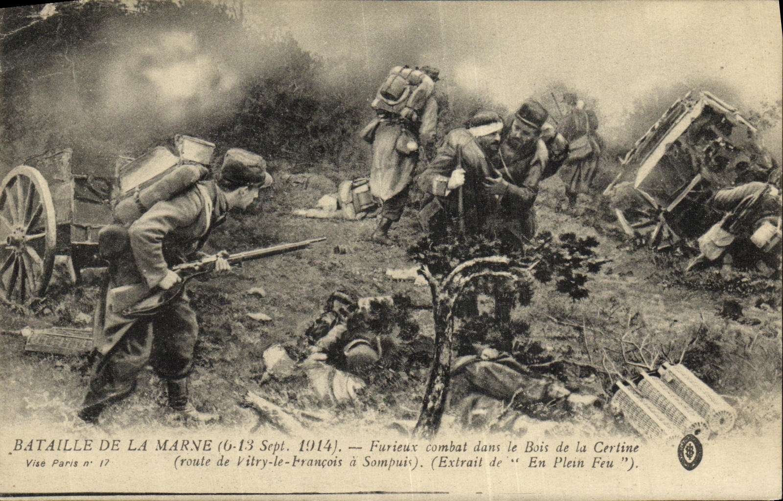 Cartolina d'epoca Battaglia di La Marne Intenso Combattimento nel Bosco di La Certine Strada da Vitry-le-Français a Sompuis Militaria