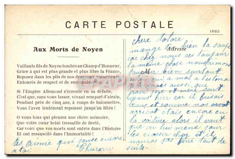 Noyen-sur-Sarthe — Kriegsdenkmal 1914-1918 — Verlag Cartelogy — Rückseite