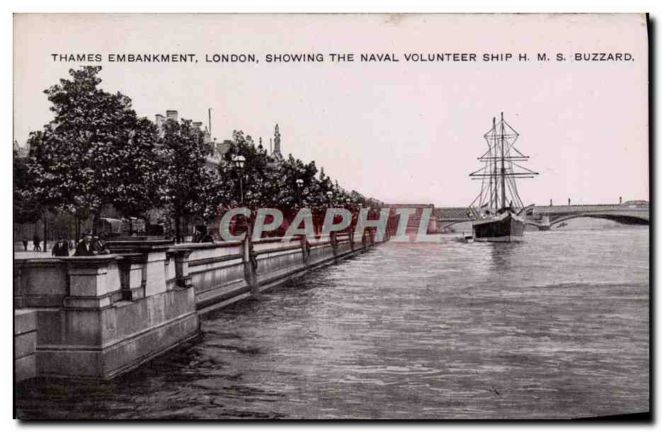 CPA Thames Embankment London Showing The Naval Volunteer Ship HMS Buzzard 