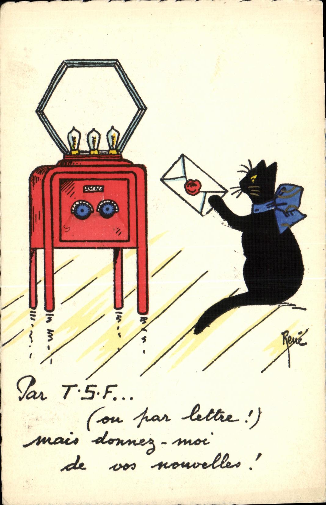 Chat noir avec ruban bleu — demande de nouvelles par T.S.F. — Chats René n° 49, Éditions d'Art, Paris
