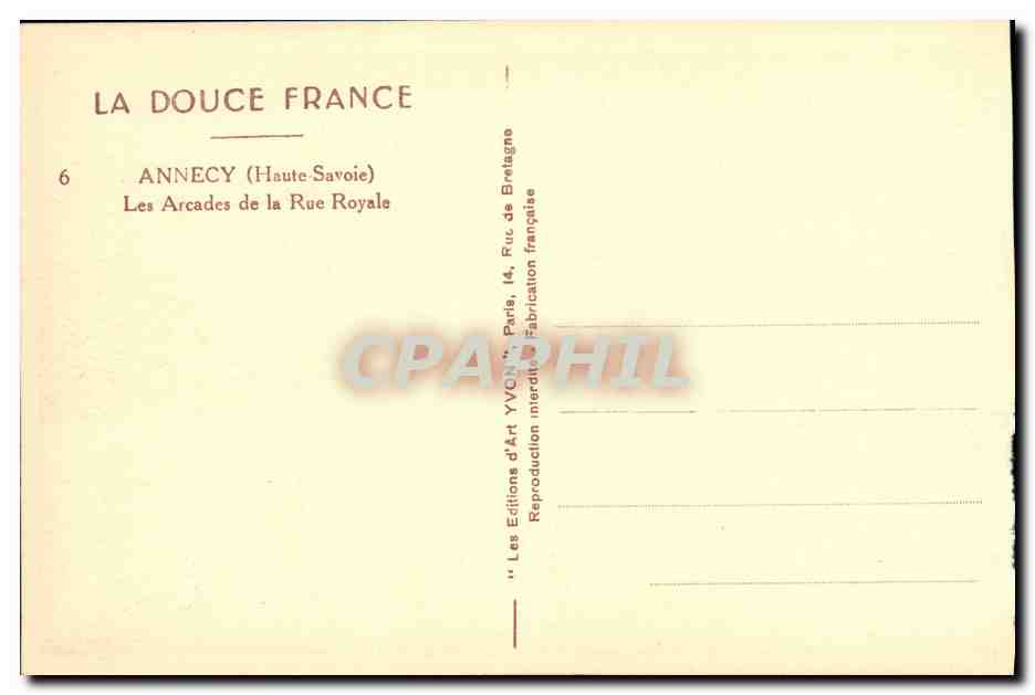 CPA Annecy Les Arcades de la Rue Royale — Verso