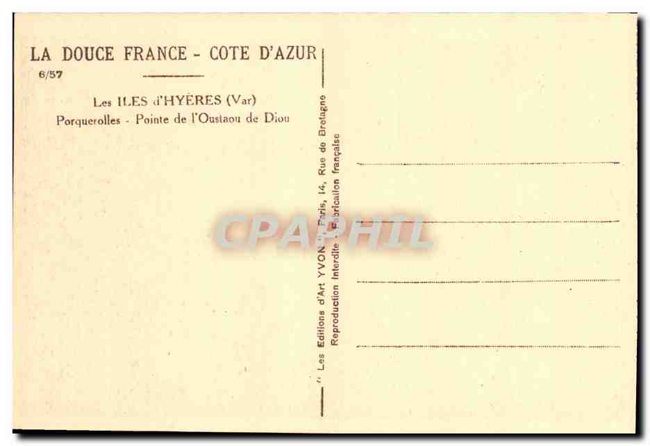 Les Iles d'Hyères - Pointe de l'Oustaou de Diou — Côte d'Azur — Éditions d'Art YVON, Paris — Verso