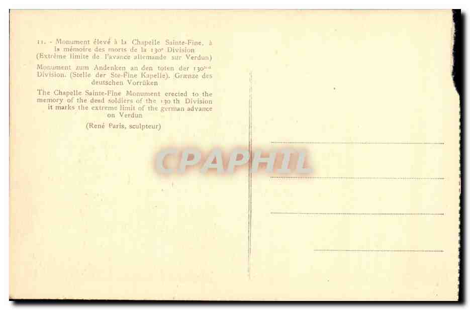 Monument aux morts de la 130e Division — Chapelle Sainte-Fine — Verdun — œuvre de René Paris — Verso