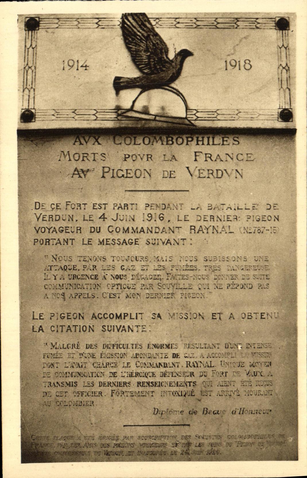 CPA Fort De Vaux Plaque du Pigeon du Fort Militaria Pigeon