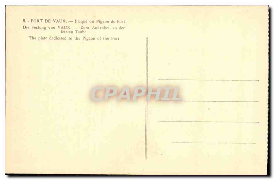 CPA Fort De Vaux Plaque du Pigeon du Fort Militaria Pigeon — Rückseite