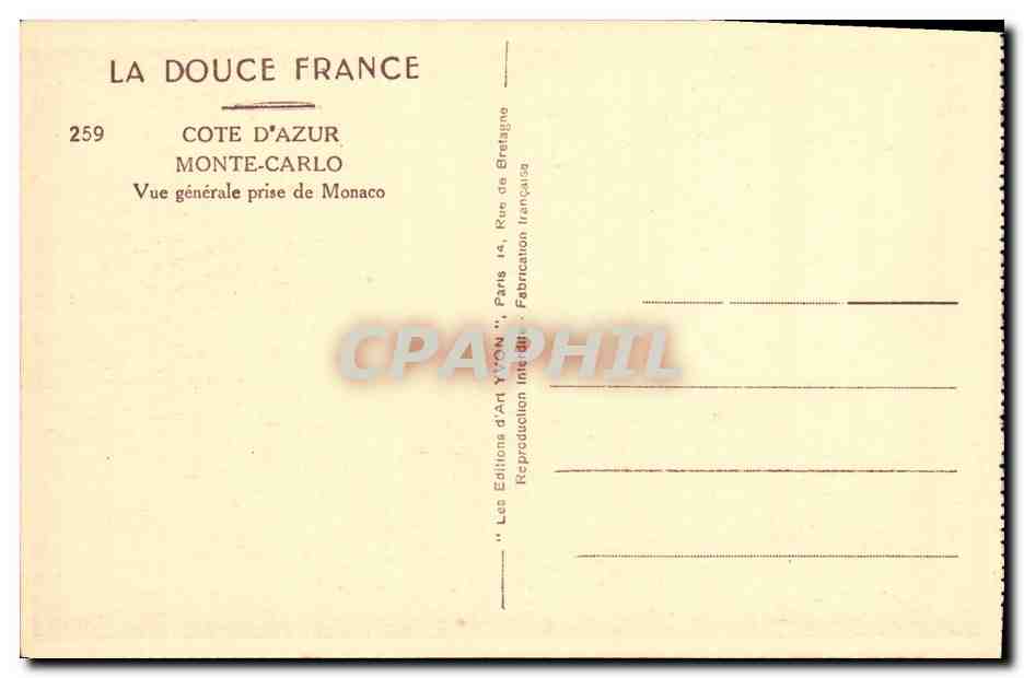 CPA Cote D Azur Monte Carlo Vue Generale prise de Monaco — Rückseite