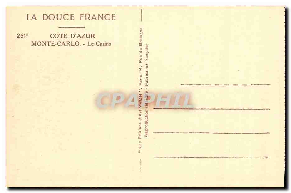 CPA Cote D Azur Monte Carlo Le Casino — Rückseite