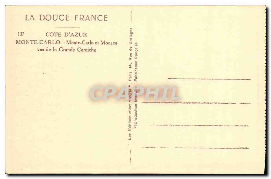 CPA Cote D Azur Monte Carlo Monte Carlo et Monaco vus de la Grande Corniche — Rückseite