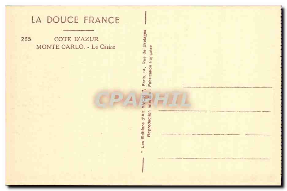 CPA Cote D Azur Monte Carlo Le Casino — Verso