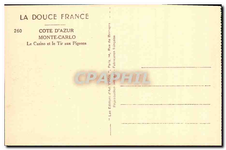 CPA Cote D Azur Monte Carlo Le Casino et la Tir aux Pigeons — Rückseite