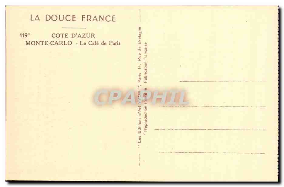 CPA Cote D Azur Monte Carlo Le Cafe de Paris — Verso