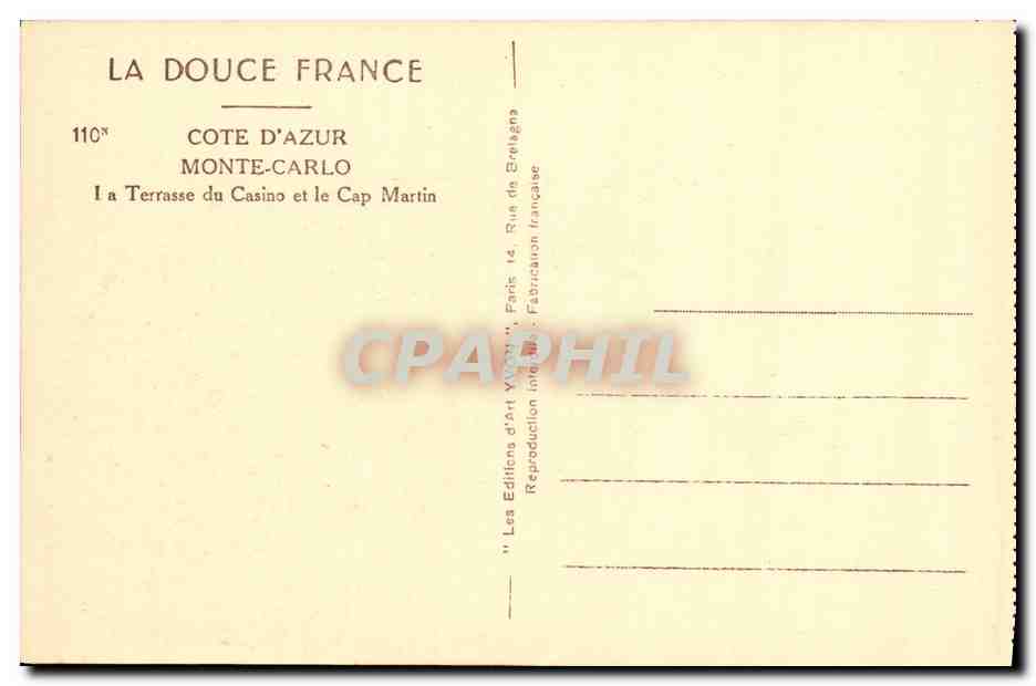 CPA Cote D Azur Monte Carlo Terrasse du Casino et Cap Martin — Rückseite