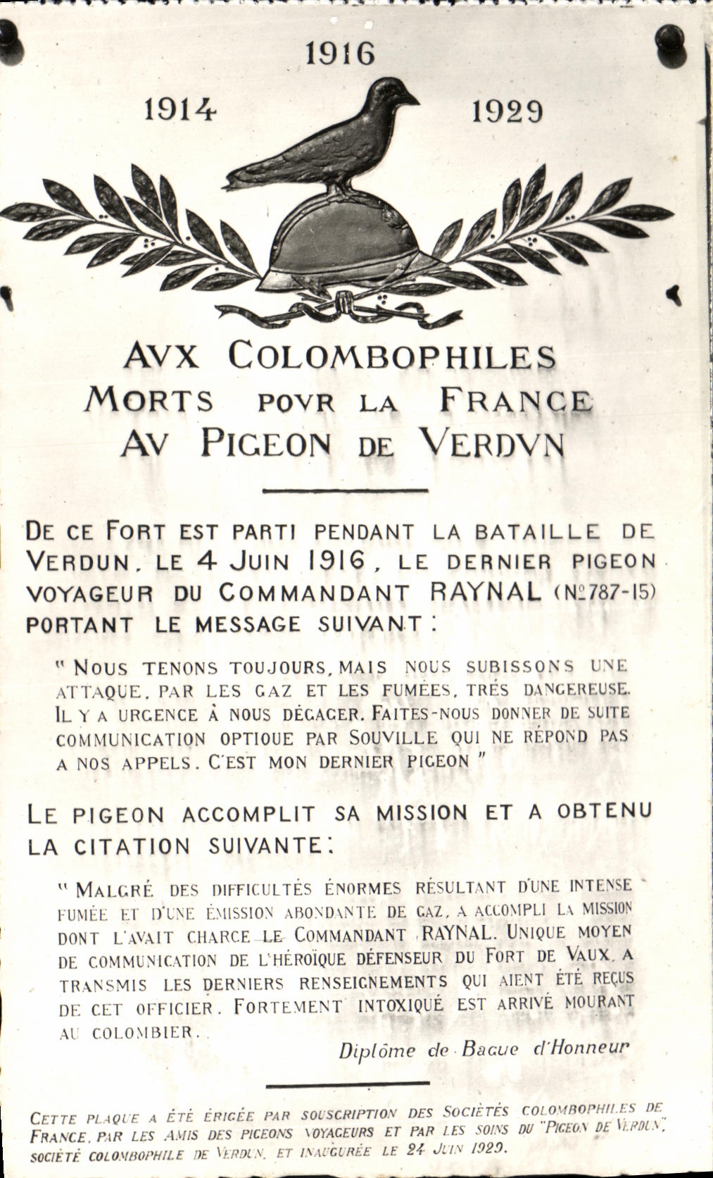 CPA Le Fort De Vaux Plaque Commemorative du Pigeon Militaria