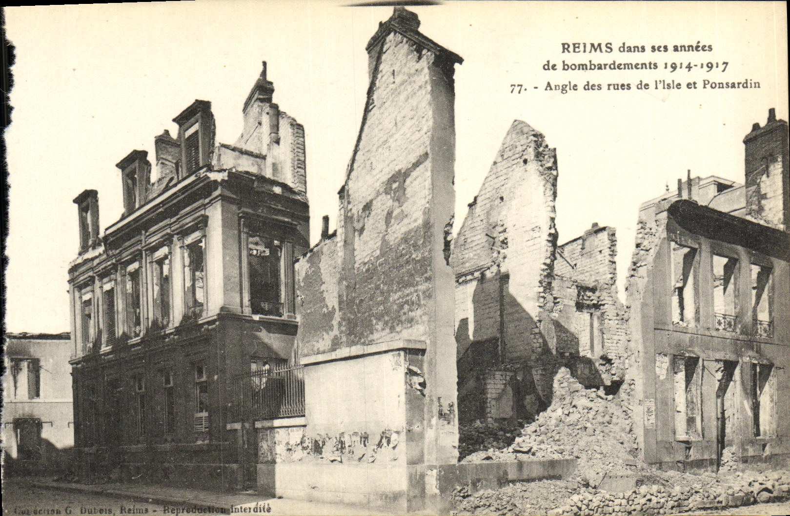 Antike Ansichtskarte Reims In ihren Jahren der Bombardements Ecke der Straßen von l'Isle und Ponsardin Militaria