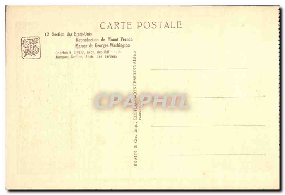 CPA Exposition Colonlale Internationale 1931 Paris Section Des Etats Unis Reproduction De Mount Vernon Maison De  — Rückseite