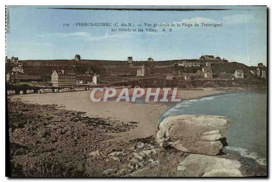 Perros-Guirec (C. du-N.) — Vue générale de la Plage de Trestrignel, les Hôtels et les Villas — A B