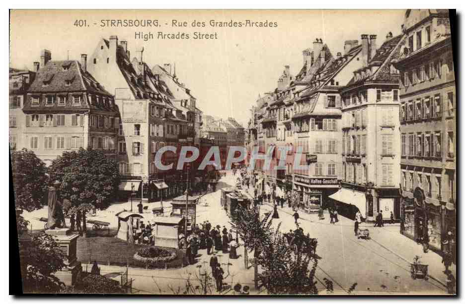 Strasbourg - Rue des Grandes-Arcades — vue de la rue avec bâtiments et passants — éditeur Ch. Berberet, Strasbourg, n° 401