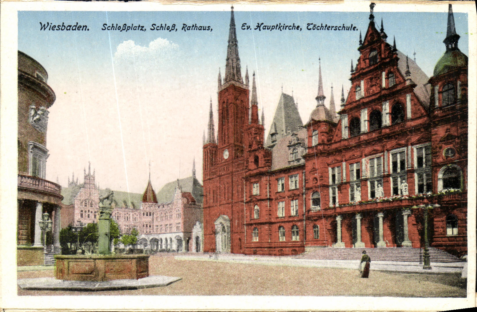Wiesbaden — Schloßplatz avec Schloss, Rathaus, Ev. Hauptkirche et Töchterschule — éditeur non identifié