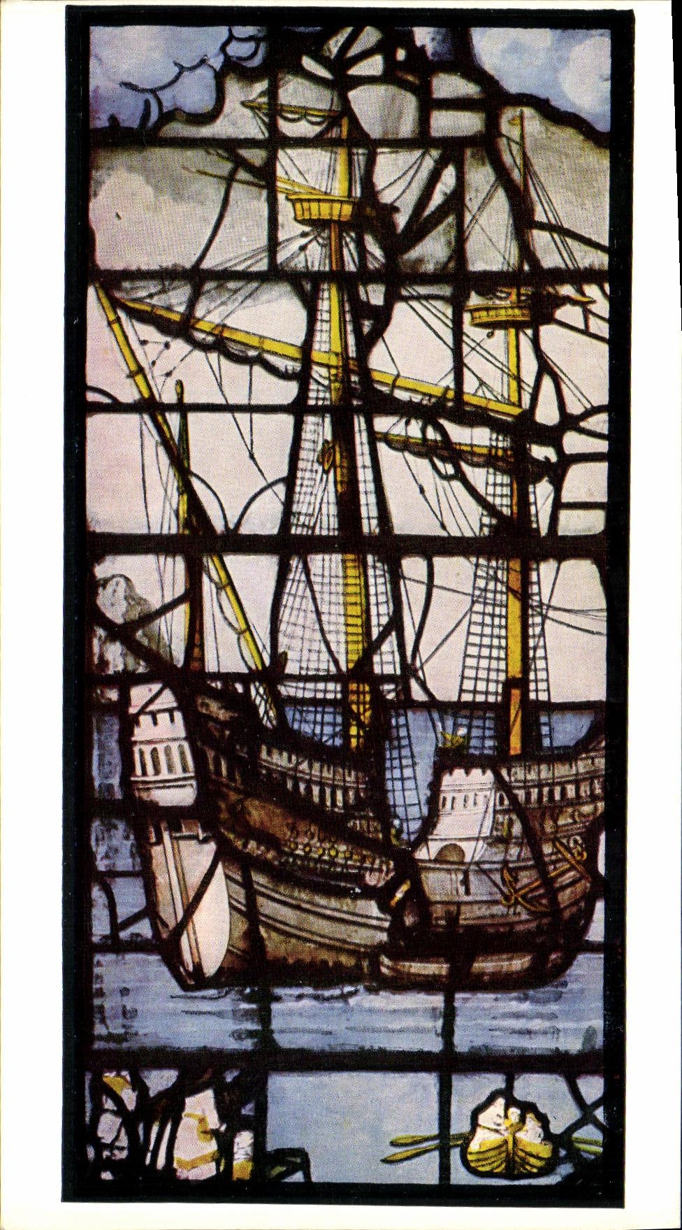 King's College Chapel, Cambridge — détail de la fenêtre XXIII — navire vers 1530 — Waterlow & Sons Limited