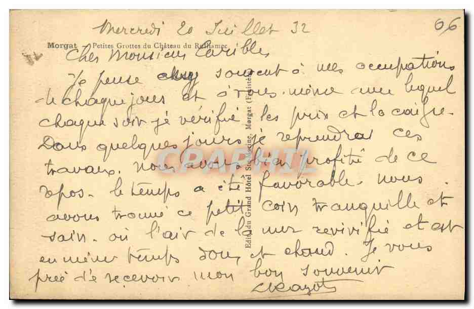 Morgat — Les Grottes du Château du Rocher — Édition du Grand Hôtel de Morgat, n° 66 — Verso