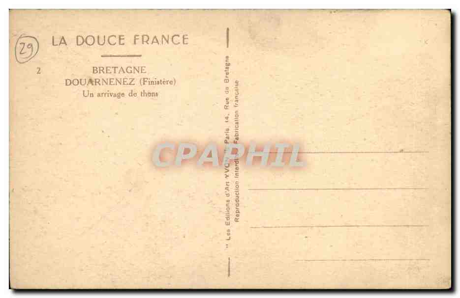 CPA Douarnenez Finistere Un arrivage de thons Bateaux  — Rückseite